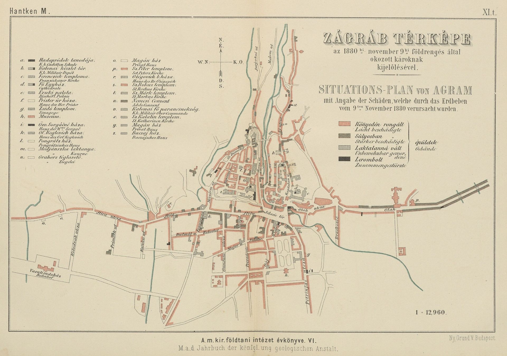 Mapa oštećenja građevina u Zagrebu u potresu od 9. studenoga 1880. Crvenom su bojom označene lakše oštećene građevine, a tamnosivom one teže oštećene